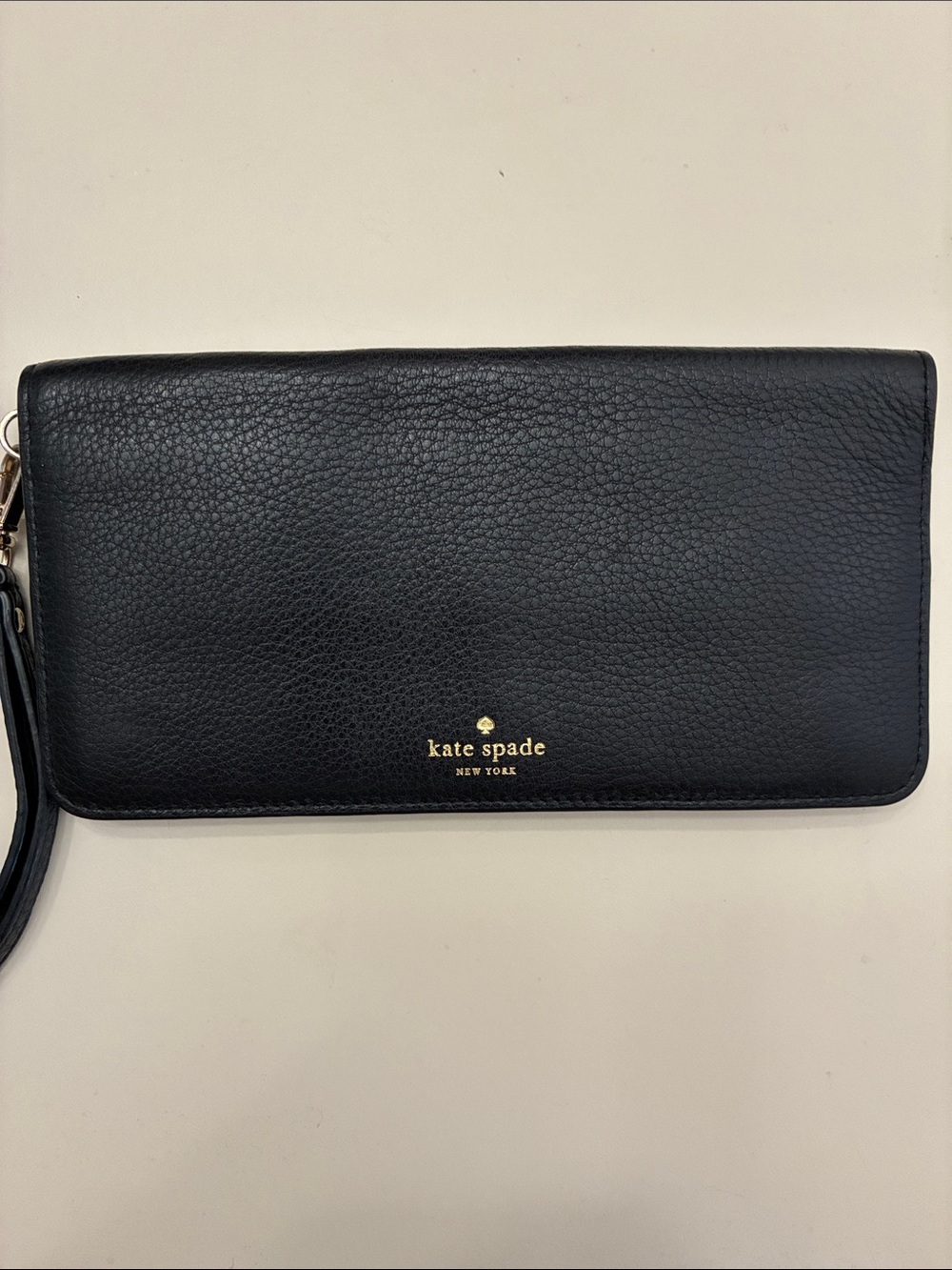 kate spade Black Pebbled Leather Wristlet Clutch with Gold Logo